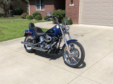 2008 Harley-Davidson Softail - A blue Harley-Davidson motorcycle is parked on a concrete driveway in front of a brick house and garage.