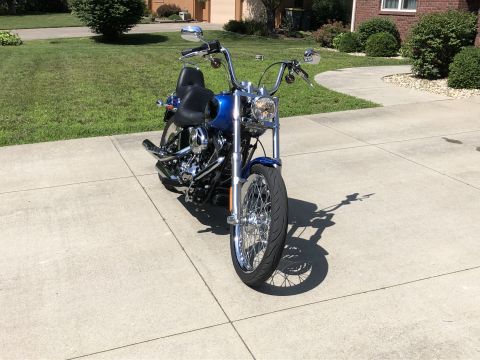 2008 Harley-Davidson Softail - A blue 2008 Harley-Davidson Softail motorcycle is parked on a concrete driveway in front of a house.