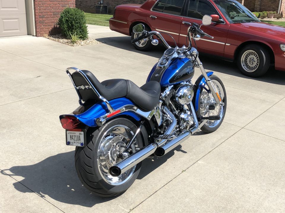2008 Harley-Davidson Softail motorcycle, rear view. License plate reads MA210A