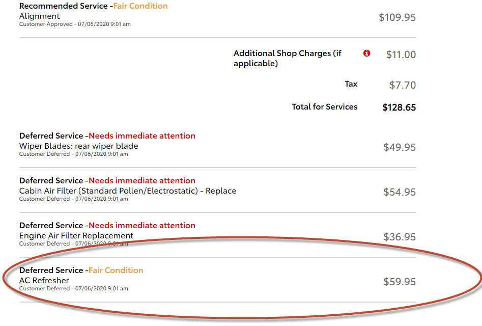 Service invoice detailing deferred services like wiper blades, cabin air filter, engine air filter, and AC refresher