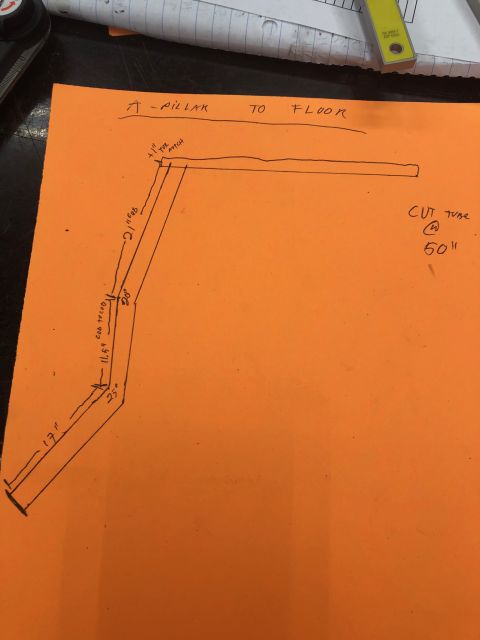 1992 Jeep Wrangler - Hand-drawn dimensioned drawing of a roll-cage A-pillar-to-floor tube with bend angles and 50-inch cut length.