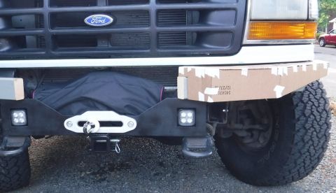 1992 Ford Bronco - Front view. The temporary 2x4 gets in the way of perfect placement, but it's quite useful as a support piece for the mock-up!