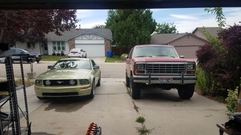 1985 Ford Bronco - Two vehicles, a Bronco and a Mustang, are parked in a suburban driveway.
