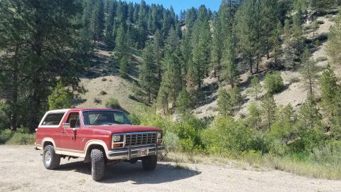 1985 Ford Bronco - A red Ford Bronco SUV is parked on a dirt road with a wooded hillside behind it.