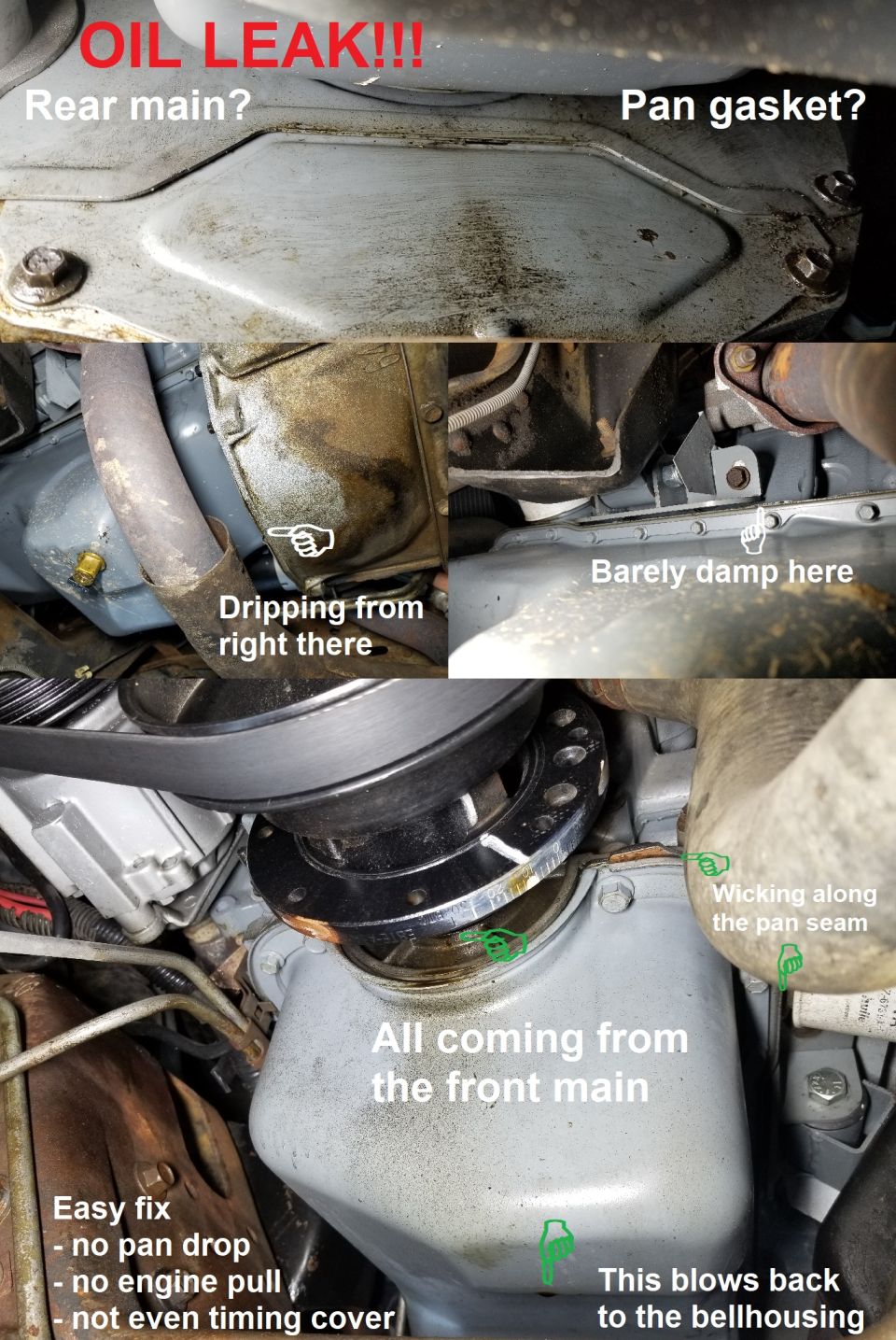 Annotated engine underside collage tracing an oil leak to the front main seal.