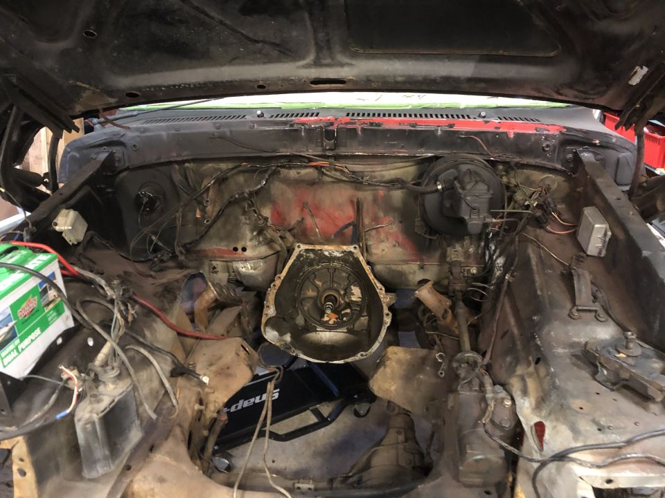 1978 Ford Bronco engine bay with transmission housing visible