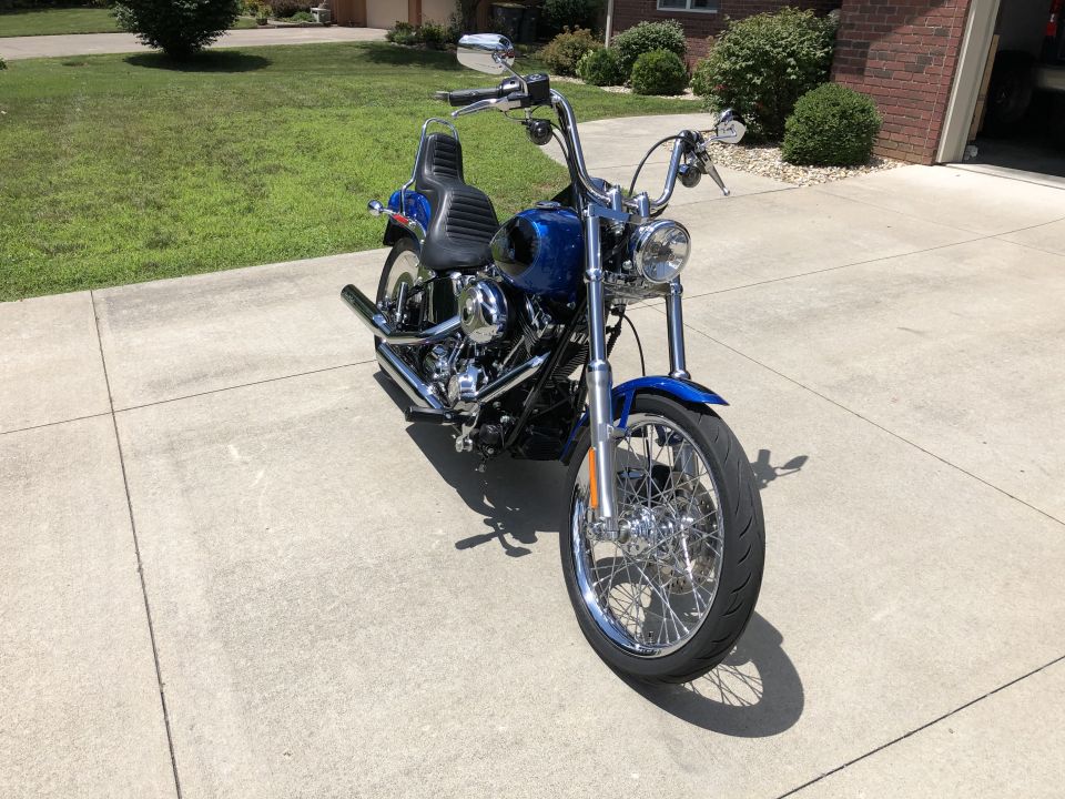 Blue Harley-Davidson Softail motorcycle parked on a concrete driveway.