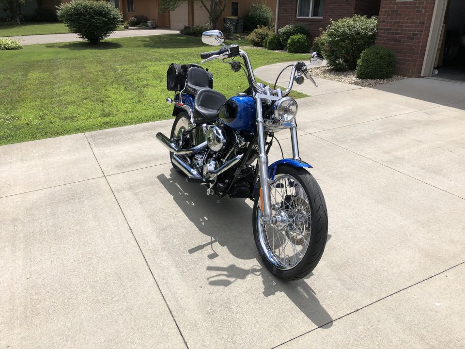 Blue Harley-Davidson Softail motorcycle with chrome accents parked on a driveway.