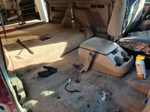 1996 Ford Bronco - 20200715 - Passenger seat came out surprisingly easy. Unplug the cable connecting to the bottom, then 4 bolts that needed 15mm sockets. The…