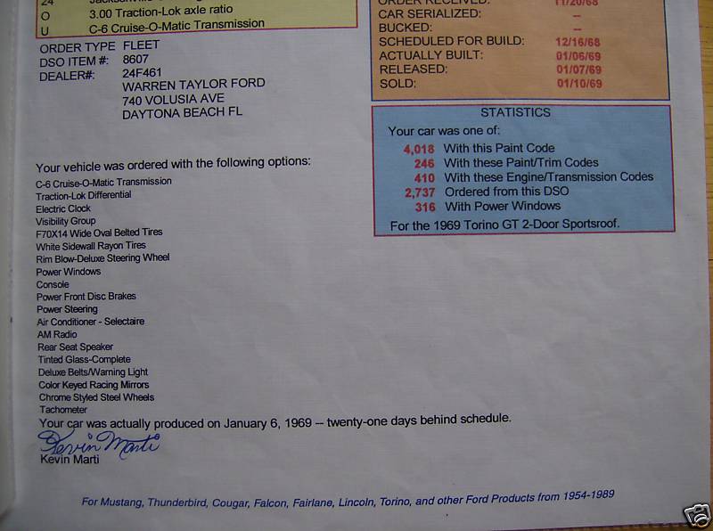 Marti Auto Works report page listing factory-ordered options and production statistics for a 1969 Torino GT
