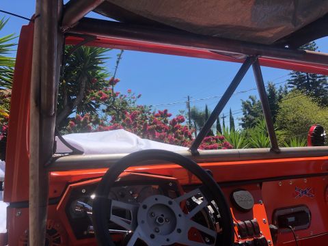 1992 Jeep Wrangler - Customized 1992 Jeep Wrangler interior with a prominent roll cage and aftermarket steering wheel.