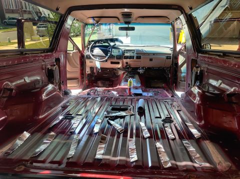 1996 Ford Bronco - 20200718 - Progression of cleaning, laying out the first stage of sound deadening (CLD tiles), and applying them to the floor.