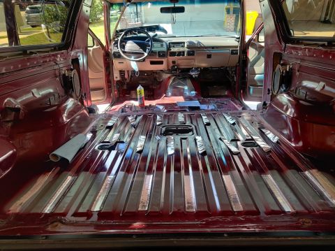 1996 Ford Bronco - 20200718 - Progression of cleaning, laying out the first stage of sound deadening (CLD tiles), and applying them to the floor.
