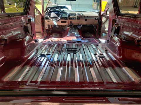 1996 Ford Bronco - 20200718 - Progression of cleaning, laying out the first stage of sound deadening (CLD tiles), and applying them to the floor.