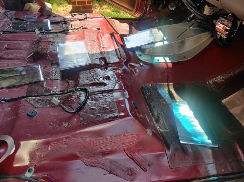 1996 Ford Bronco - 20200718 - Progression in the front of cleaning, laying out the first stage of sound deadening (CLD tiles), and applying them to the floor.
