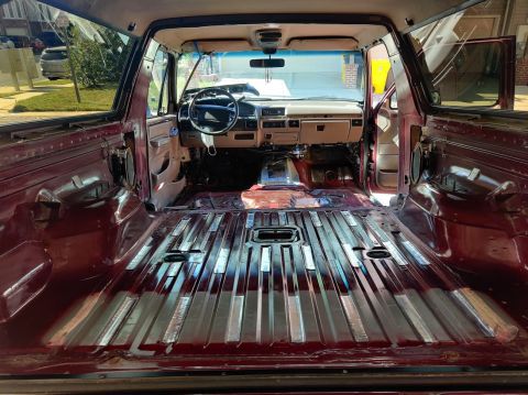 1996 Ford Bronco - 20200718 - Progression of cleaning, laying out the first stage of sound deadening (CLD tiles), and applying them to the floor.