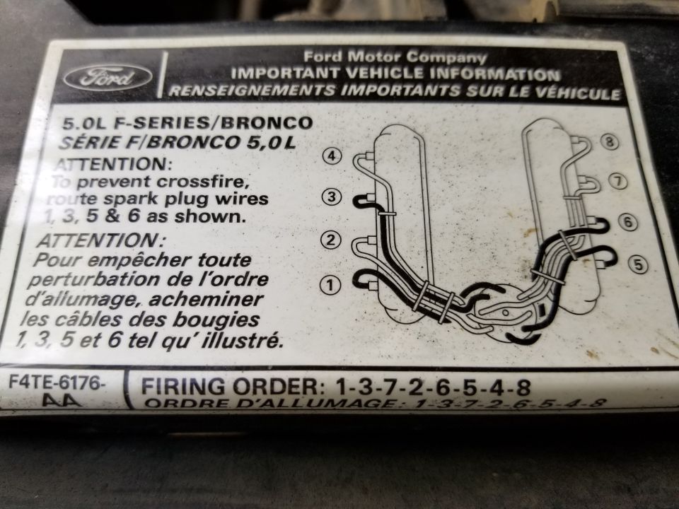 Ford 5.0L F-Series/Bronco underhood label with spark-plug-wire routing diagram and firing order