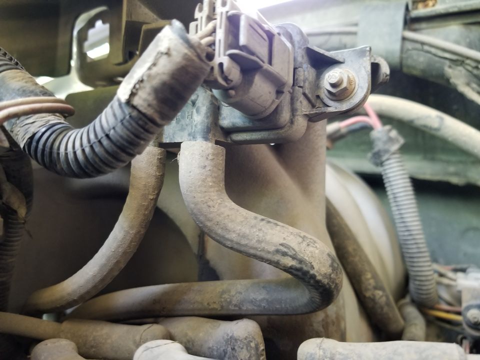 Close-up of engine hoses and electrical connectors, dusty and worn