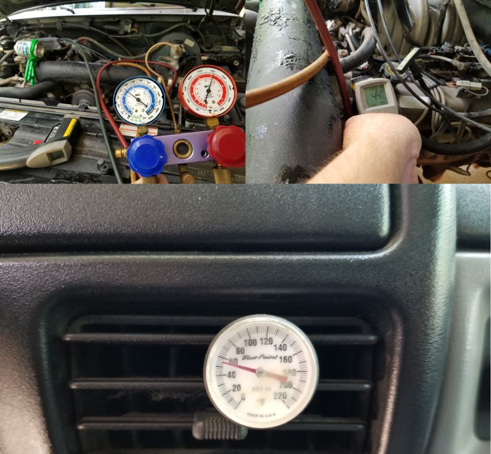 No leaks were apparent the next day, so it now has 3 cans of refrigerant. The pressures and suction temperature are OK, but the dash temperature is high, suggesting evaporator core air blockage. The hair coming out of the dash registers supports that assumption.
IF THE IMAGE IS TOO SMALL, click it.

Add 3 cans, leak-check, performance check $105 DONE