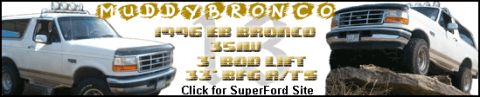 1996 Ford Bronco - Two white Ford Broncos are shown, one in a front 3/4 view and the other on rocks, with text overlay.