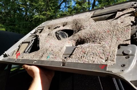 1996 Ford Bronco - As usual, the door panel holes for the inner weatherbelt are breaking. IF THE IMAGE IS TOO SMALL, click it.