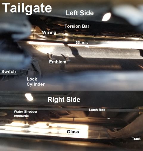 1996 Ford Bronco - Tailgate Inside The original paper water shedder (which was never installed correctly at the factory) is still there, but falling apart. Th…