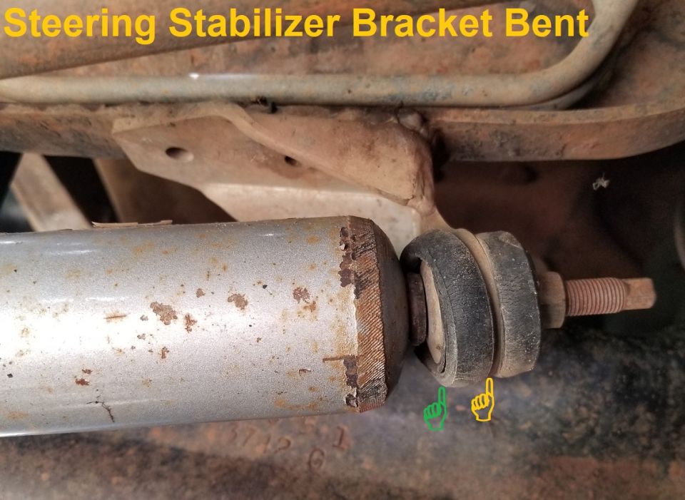 The steering stabilizer bracket is welded instead of bolted to the frame, and appears bent. But it's probably OK like that.