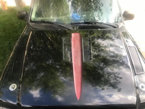2000 Ford Explorer - The hood of a black SUV is shown, featuring a prominent red, pointed hood scoop and two black vents on either side. The vehicle is parked o…