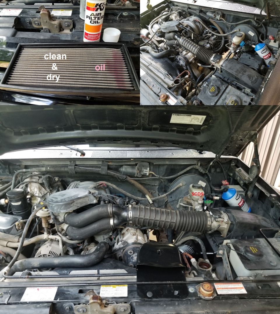 Engine bay with K&N air filter oil and a dirty air filter. Maintenance supplies are visible