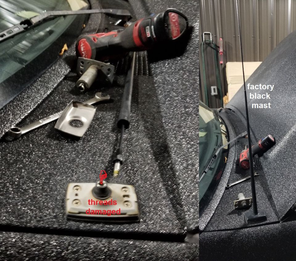 The antenna wouldn't screw in, so I had to swap out the base, too.
IF THE IMAGE IS TOO SMALL, click it.

R&R antenna base (includes used base) $30 DONE
Supply & install used factory black antenna mast $20 DONE