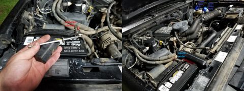 1996 Ford Bronco - After soldering the new terminals on, the battery was clamped down using a long factory bolt. IF THE IMAGE IS TOO SMALL, click it. Supply &…