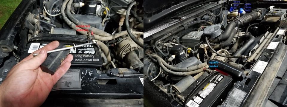 After soldering the new terminals on, the battery was clamped down using a long factory bolt.
IF THE IMAGE IS TOO SMALL, click it.

Supply & install used battery hold-down & bolt $20
