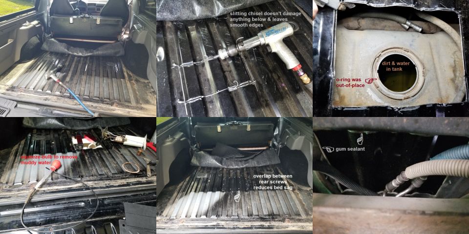 Truck bed with tools and a removed fuel tank showing dirt and water inside