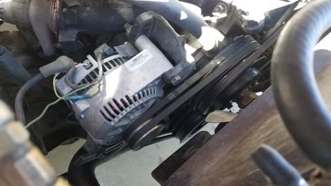1985 Ford Bronco - Close-up view of the alternator and drive belts within an engine compartment.