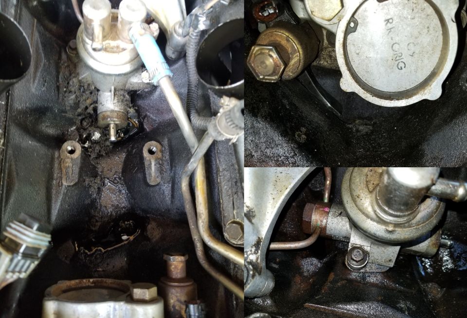While the filter housing is out, I'm cleaning the last of the ratnest soup out of the valley.
IF THE IMAGE IS TOO SMALL, click it.
____________________________________
OASIS 3820	1994-2003 VARIOUS VEHICLES - ENGINE - 7.3L - EXTERNAL OIL LEAK DIAGNOSIS

THE VALLEY IN THE TOP OF THE CRANKCASE HAS A DRAIN HOLE MACHINED SLIGHTLY TO THE RIGHT OF CENTER AT THE REAR. ANY LEAK IN THE "VEE" OF THE ENGINE COULD RESULT IN A DRIPPAGE DOWN THE BACK OF THE ENGINE. THIS LEAK COULD BE PERCEIVED AS AN OIL LEAK IN THE REAR OF THE ENGINE INCLUDING, BUT NOT LIMITED TO, THE REAR MAIN CRANKSHAFT SEAL AND OIL PAN GASKET. SEE TSB 02-20-04 ON OASIS AND QCDEALER.COM FOR DETAILS.