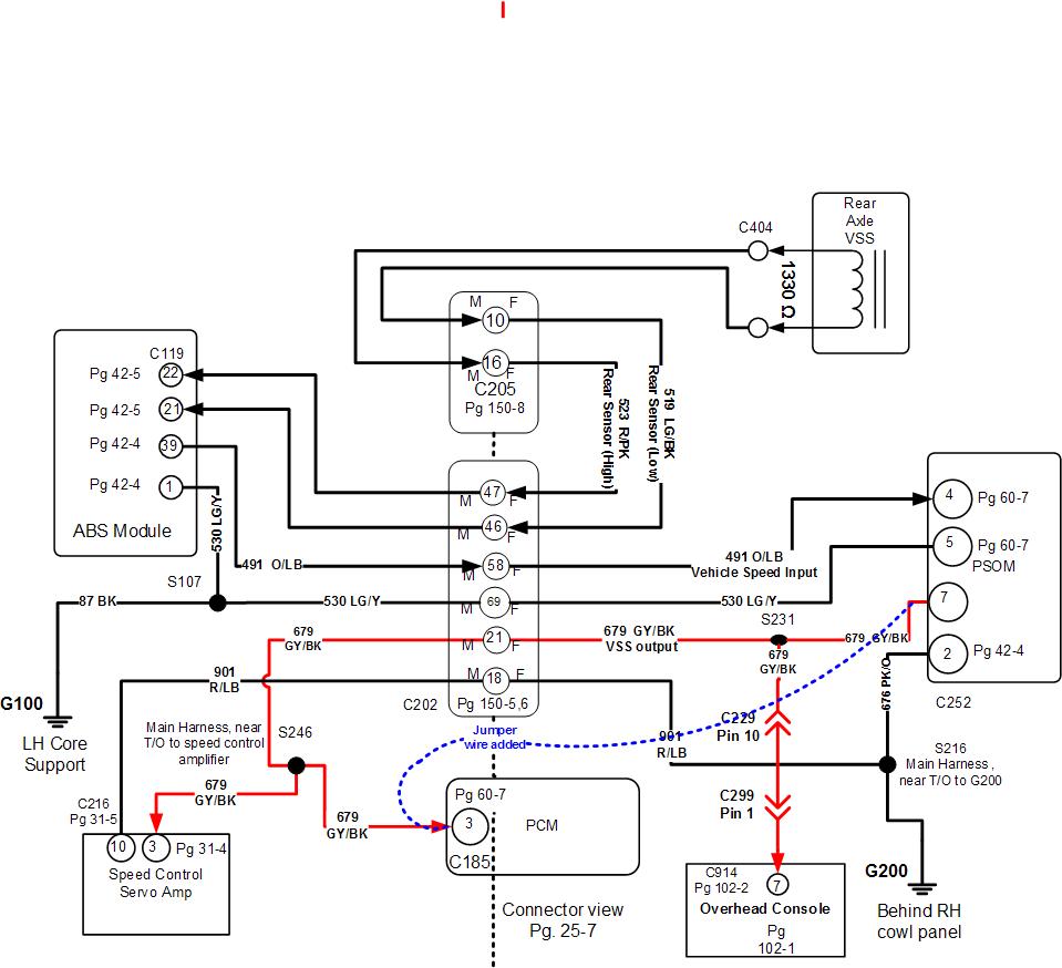 Ford speed control / VSS wiring diagram with ABS module, PSOM, rear axle VSS and PCM