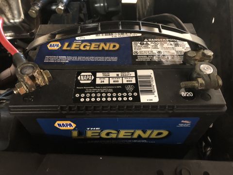 1978 Ford Bronco - A NAPA car battery, labeled "THE LEGEND", shows a date code of 8/20.