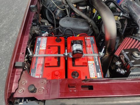 1996 Ford Bronco - 20200806 - Tray and batteries installed. I had to move the engine harness to run under the tray, and it was still really tight.