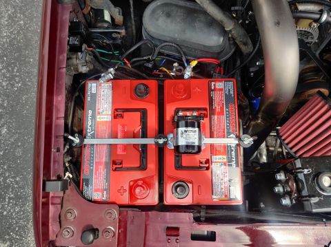 1996 Ford Bronco - 20200806 - Tray and batteries installed. I had to move the engine harness to run under the tray, and it was still really tight.