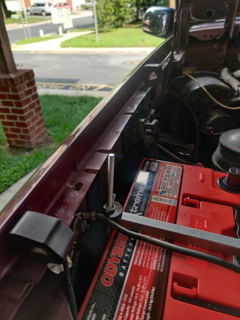 1996 Ford Bronco - 20200808 - The post to secure the batteries closest to the fender is too tall and damages the hood. It'll need cut to be able to clear the…