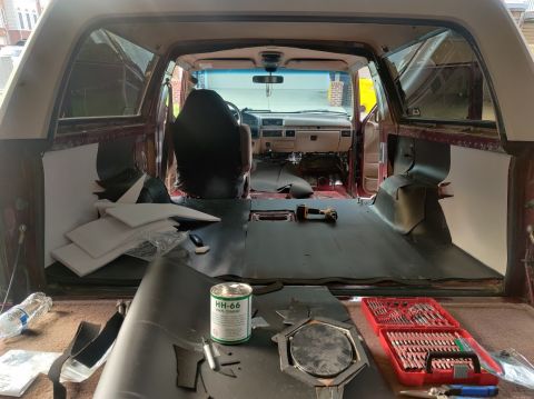 1996 Ford Bronco - 20200816 - Drilled through the sound deadening to place the bolts. Half of them won't thread and I'm not sure why. Also put up more HMF.
