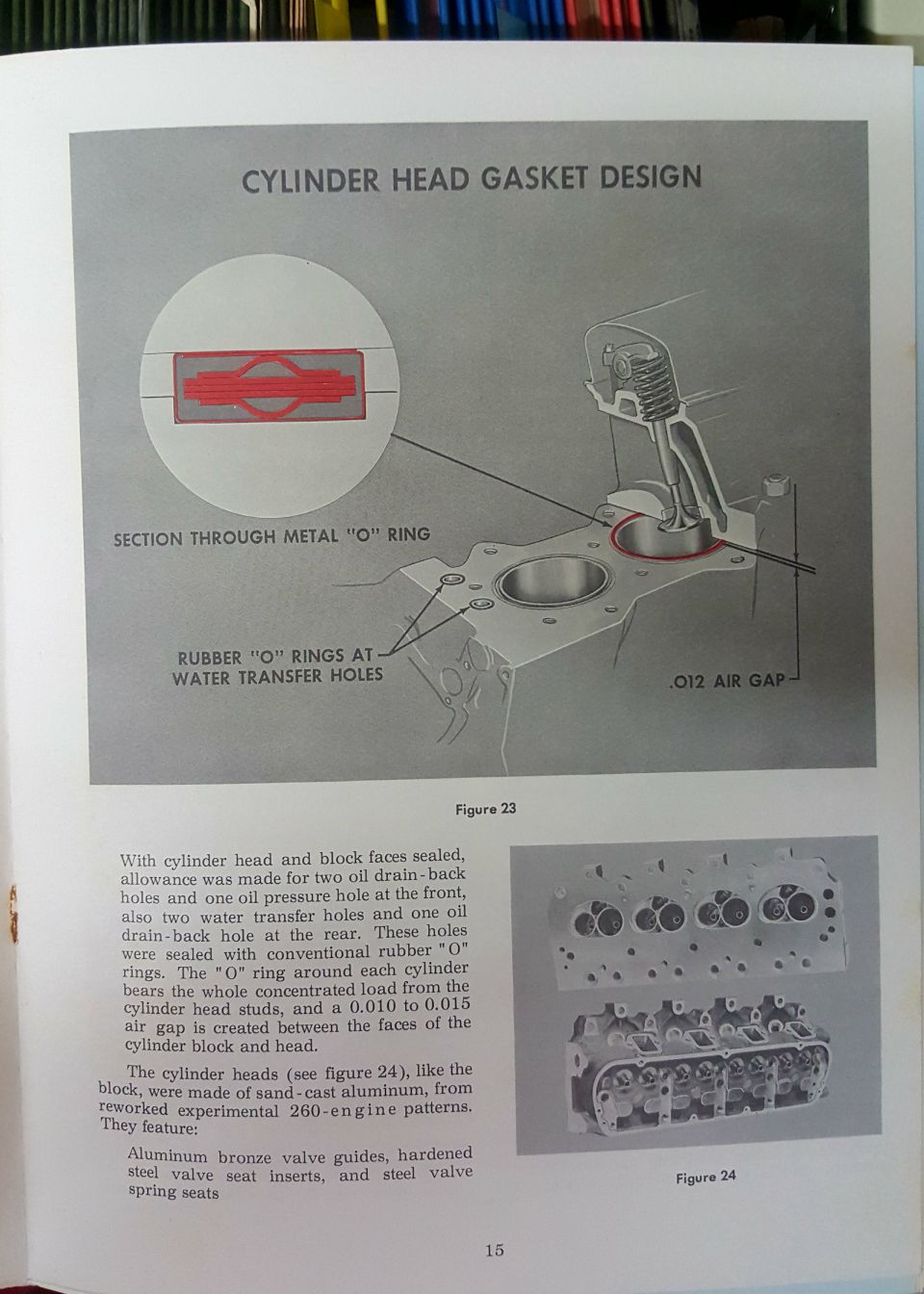 Book page on cylinder head gasket design with sectioned metal O-ring diagram and cylinder head photos
