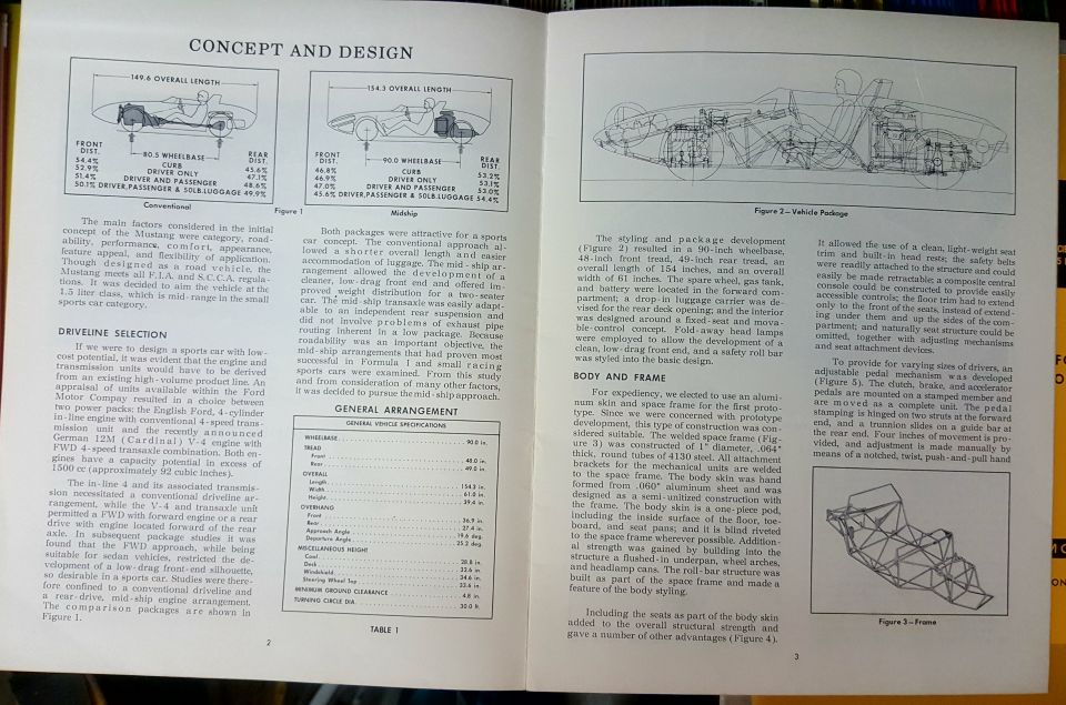 Book pages on concept and design with vehicle package and frame illustrations and specification table