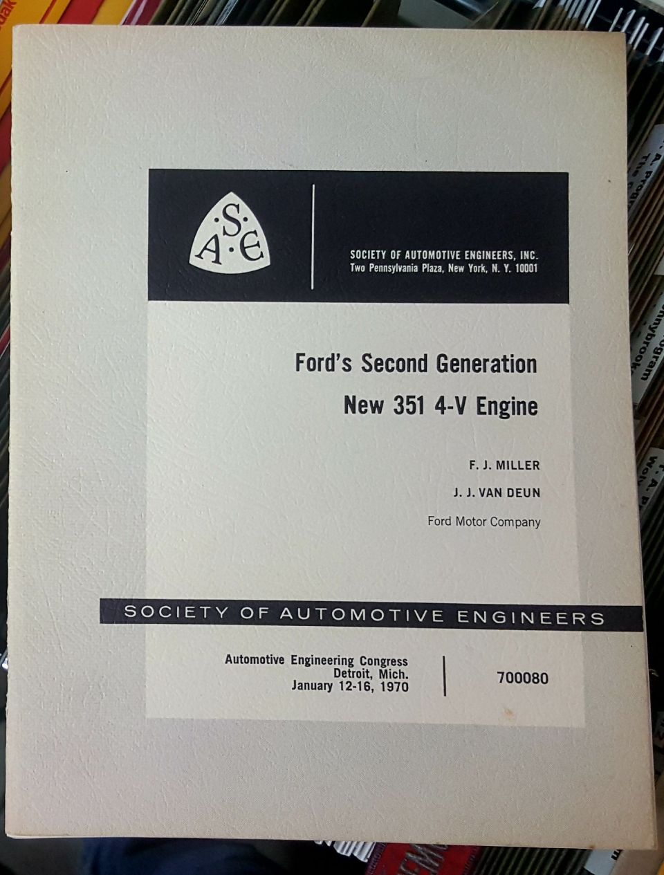 SAE technical paper cover, Ford's Second Generation New 351 4-V Engine, 1970
