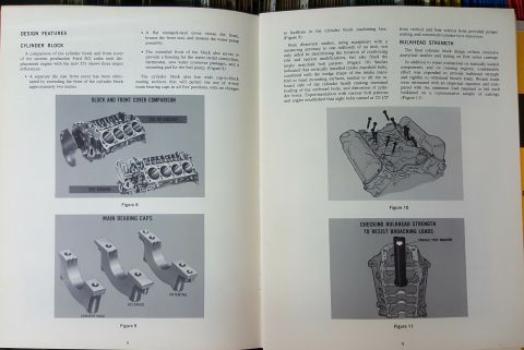 1973 Ford Mustang - Technical diagrams illustrate engine block design features and main bearing cap comparisons.