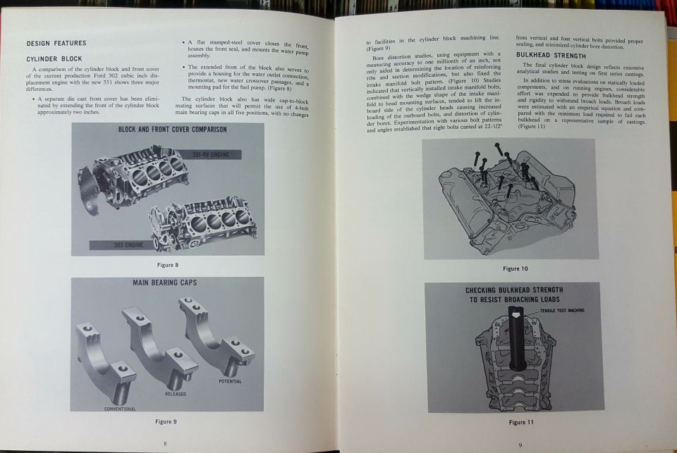 Book spread on cylinder block design features with photos of block, front cover, and main bearing caps