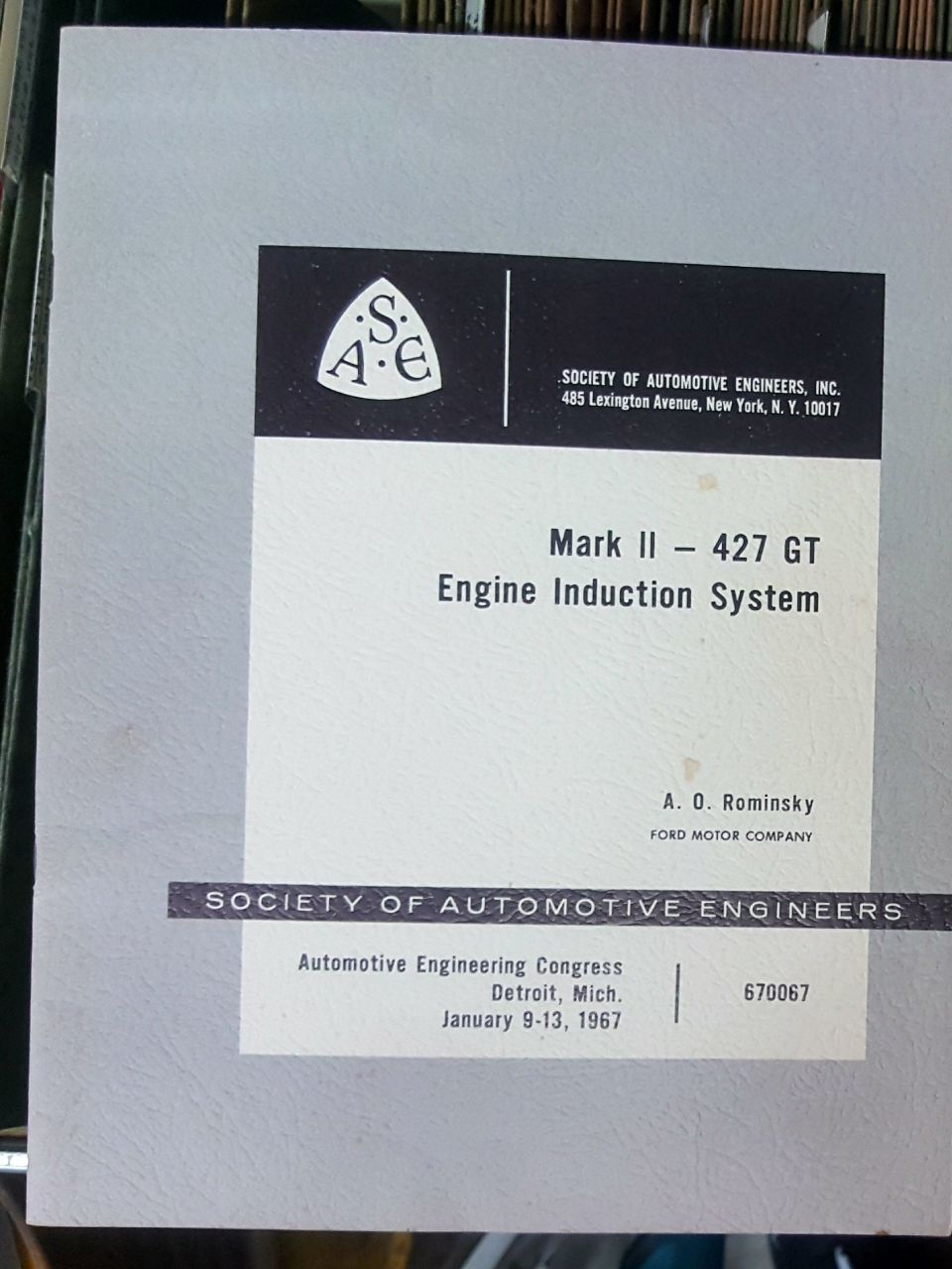 SAE technical paper cover, Mark II 427 GT Engine Induction System, Ford, 1967