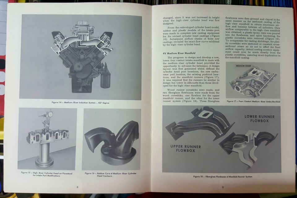 Book spread on intake manifold development with photos of medium-riser manifolds and flowboxes