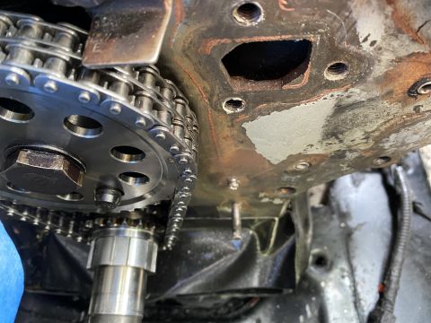 Close-up of engine timing chain and gears with metal plate and mounting holes