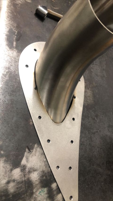 1979 Ford Bronco - Custom exhaust pipe fabrication with a unique mounting plate, not a 1979 Ford Bronco part.